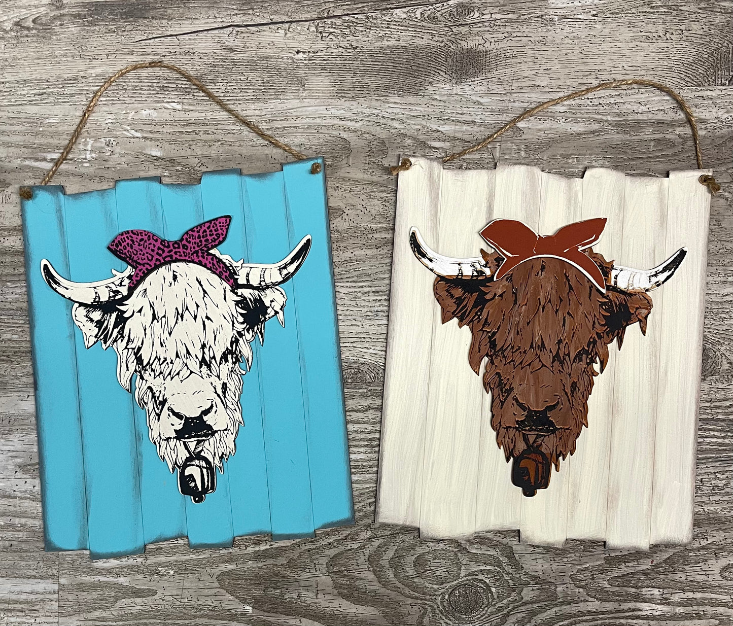 Highland Cow cutouts and scarf only, no sign, unpainted wooden cutouts, ready for you to paint