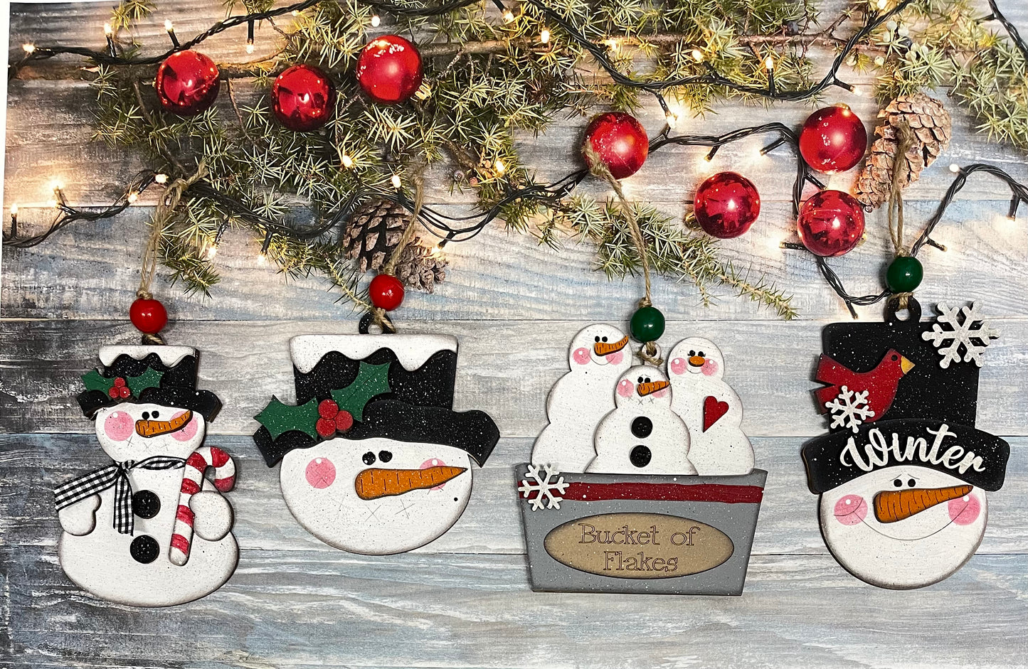 4 Snowman -Bucket of Flakes ornaments unpainted wooden cutouts - ready for you to paint, includes the circle