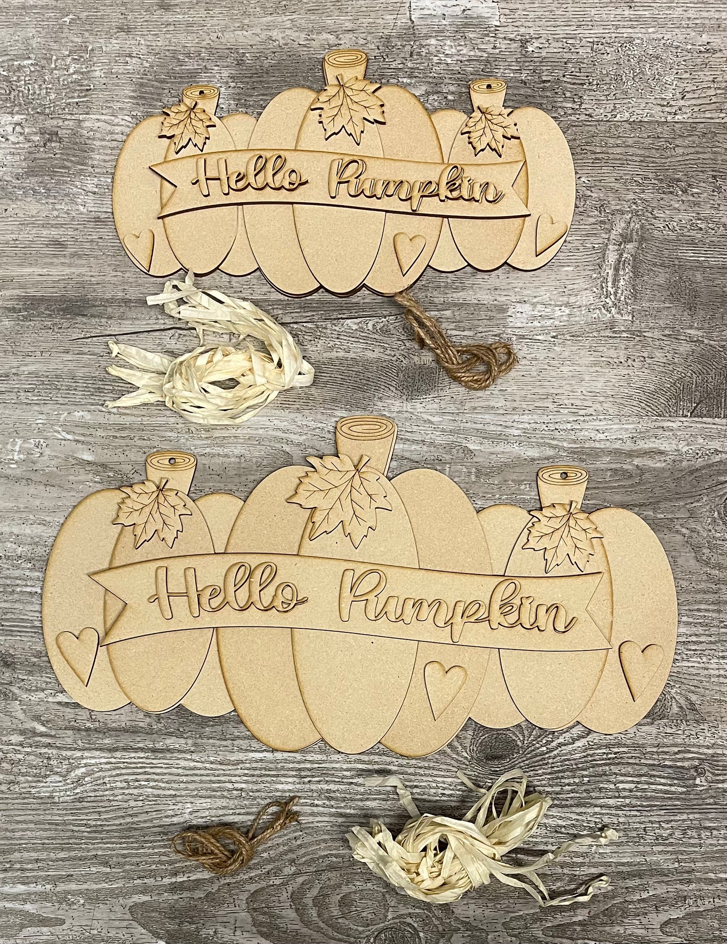 Hello Pumpkin Door Hangers Sign Kit, DIY Kit - unpainted wood cutouts