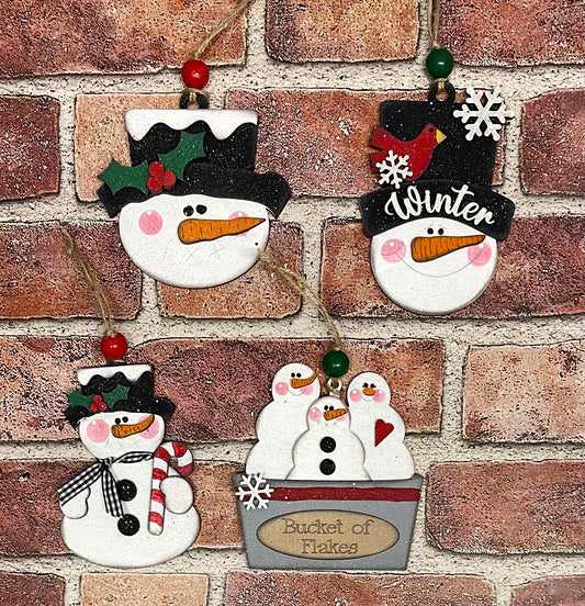 4 Snowman -Bucket of Flakes ornaments unpainted wooden cutouts - ready for you to paint, includes the circle