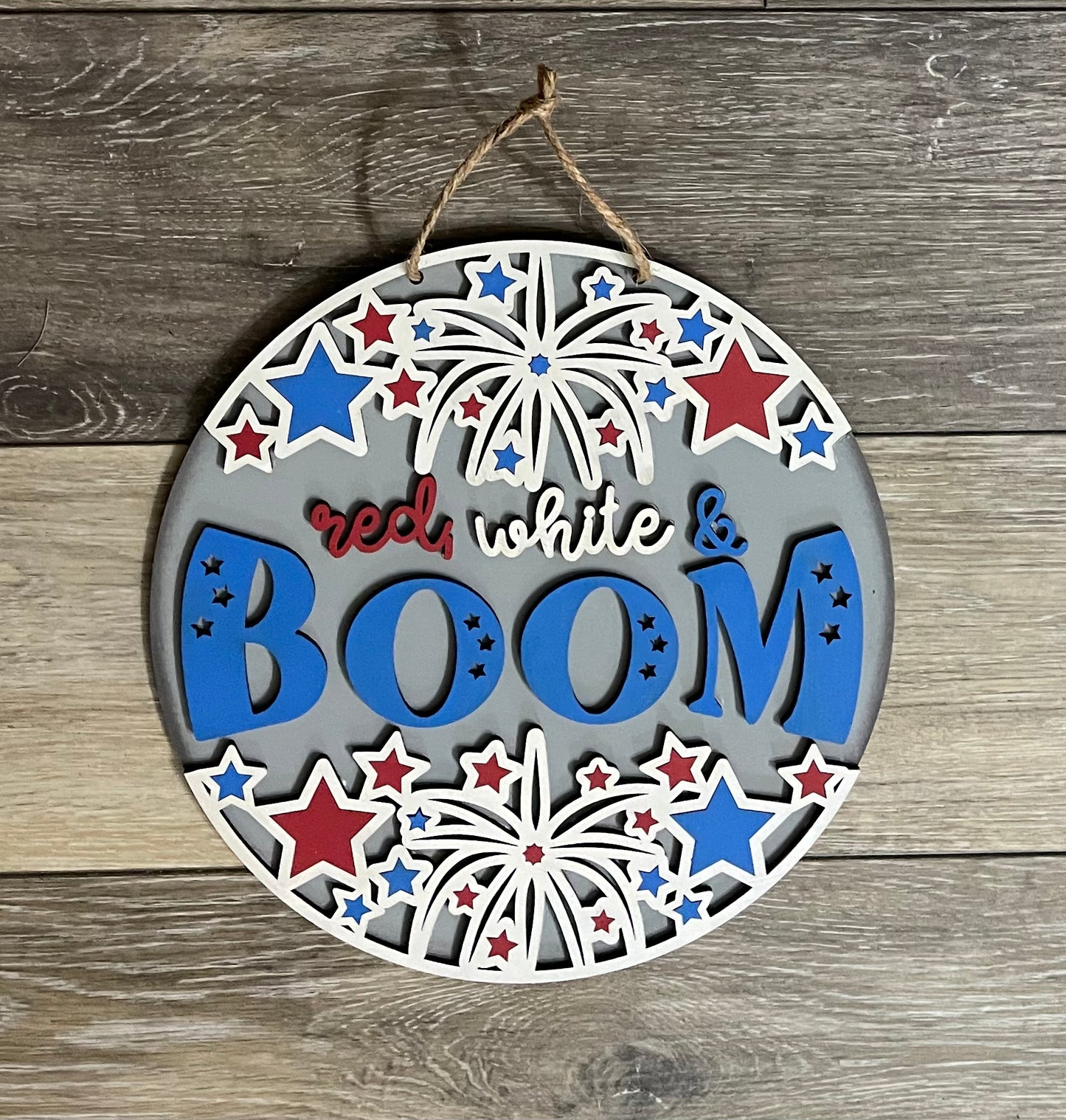 Red White and Boom - Patriotic sign kit, unpainted wooden cutouts - ready for you to paint, includes the circle