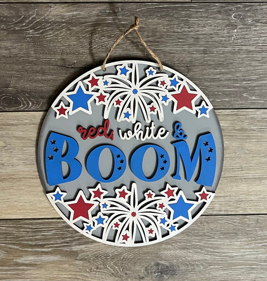 Red White and Boom - Patriotic sign kit, unpainted wooden cutouts - ready for you to paint, includes the circle
