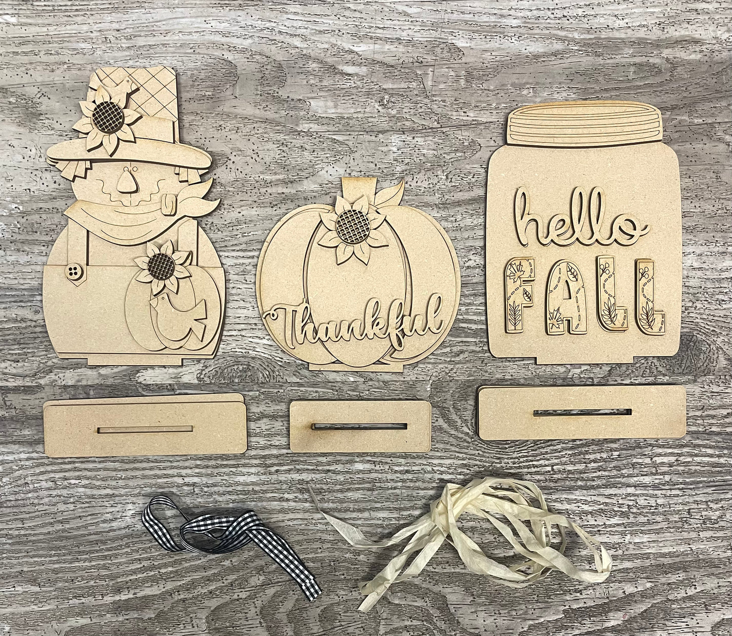 Scarecrow, Mason Jar and Standers, Pumpkin  DIY Kit - unpainted wood cutouts