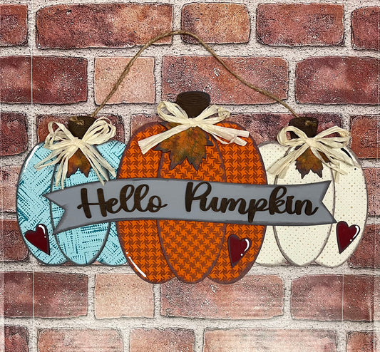 Hello Pumpkin Door Hangers Sign Kit, DIY Kit - unpainted wood cutouts