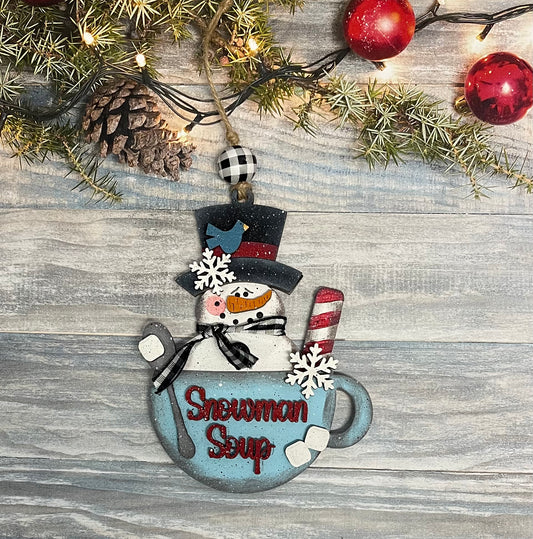 Snowmen Soup Ornament, Unpainted Christmas Ornament, unpainted ready for you to finish, with jute and beads