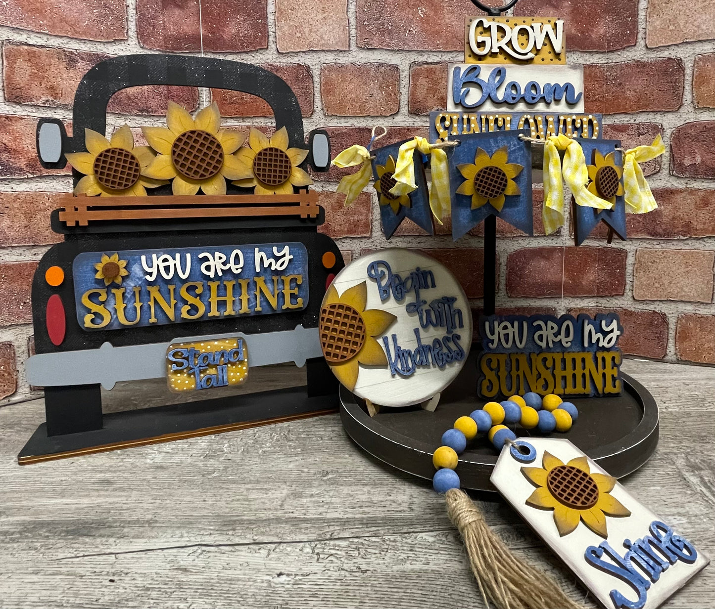 Sunflower Tiered Tray Decor, You are my Sunshine with the removable pieces unpainted wood cutouts, ready for you to paint,