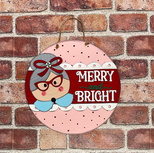 Mrs. Claus - Merry and Bright  sign kit, unpainted wooden cutouts - ready for you to paint, includes the circle