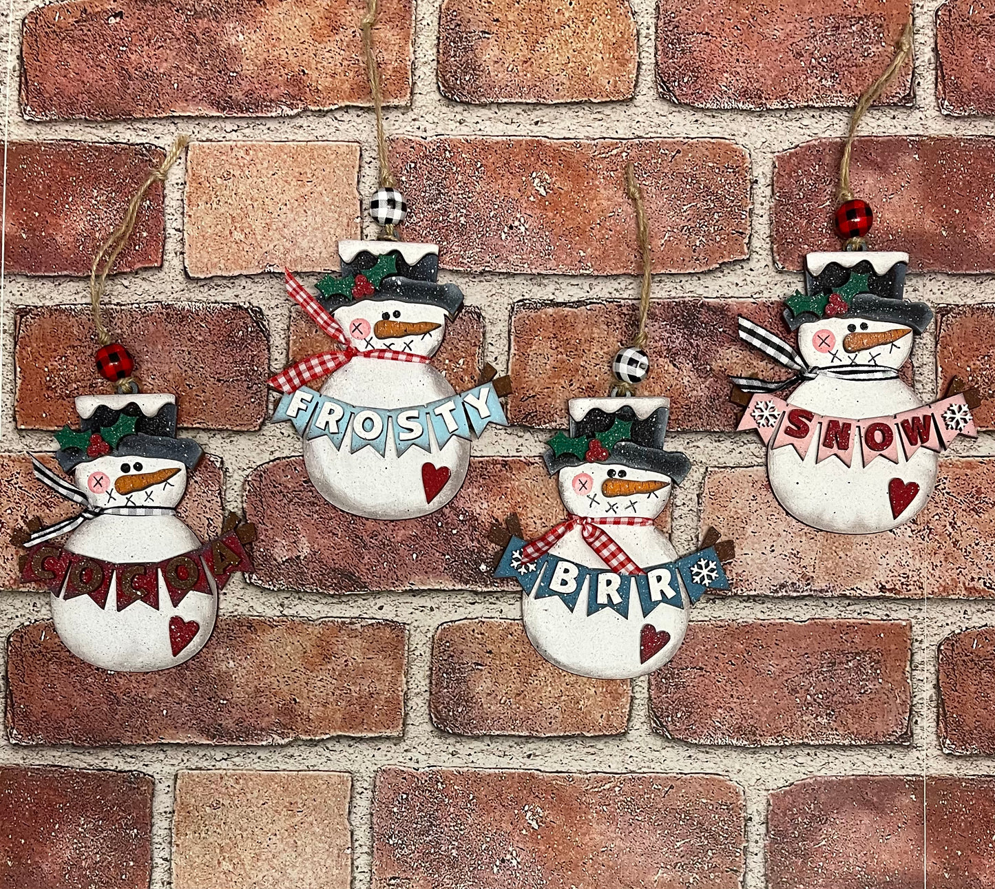 4 Snowmen Ornaments, Christmas Ornaments, unpainted ready for you to finish, with ribbon, jute and beads