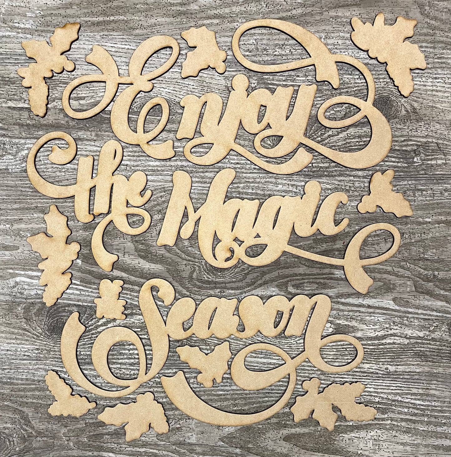 Enjoy the Magic of the Season wood cutouts, unpainted ready for you to finish