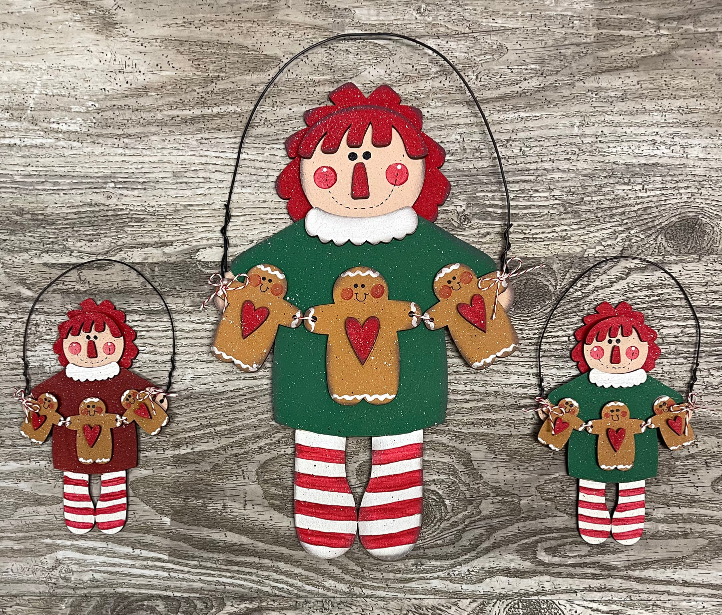 2 Raggedy Ann Gingerbread Man ornaments unpainted wooden cutouts - ready for you to paint, includes the circle