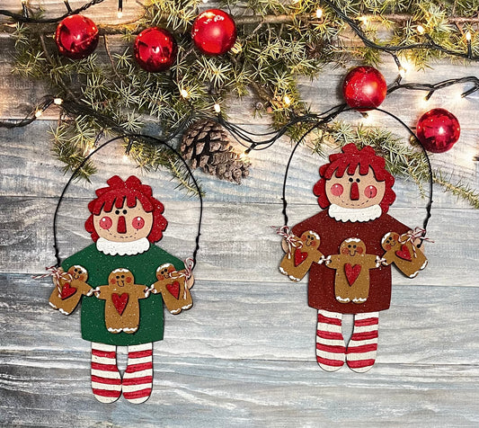 2 Raggedy Ann Gingerbread Man ornaments unpainted wooden cutouts - ready for you to paint, includes the circle