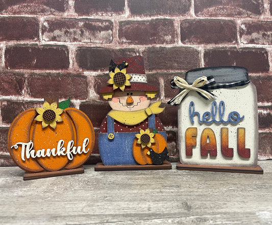 Scarecrow, Mason Jar and Standers, Pumpkin  DIY Kit - unpainted wood cutouts
