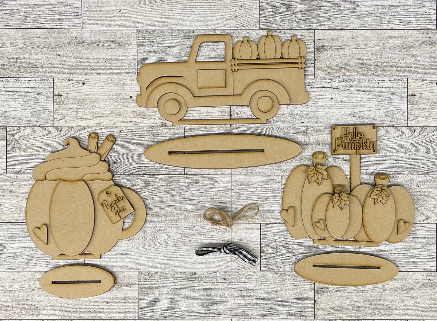 Hello Pumpkin Fall Standing Trio with Truck, Pumpkin Latte and Pumpkins, DIY Kit - unpainted wood cutouts