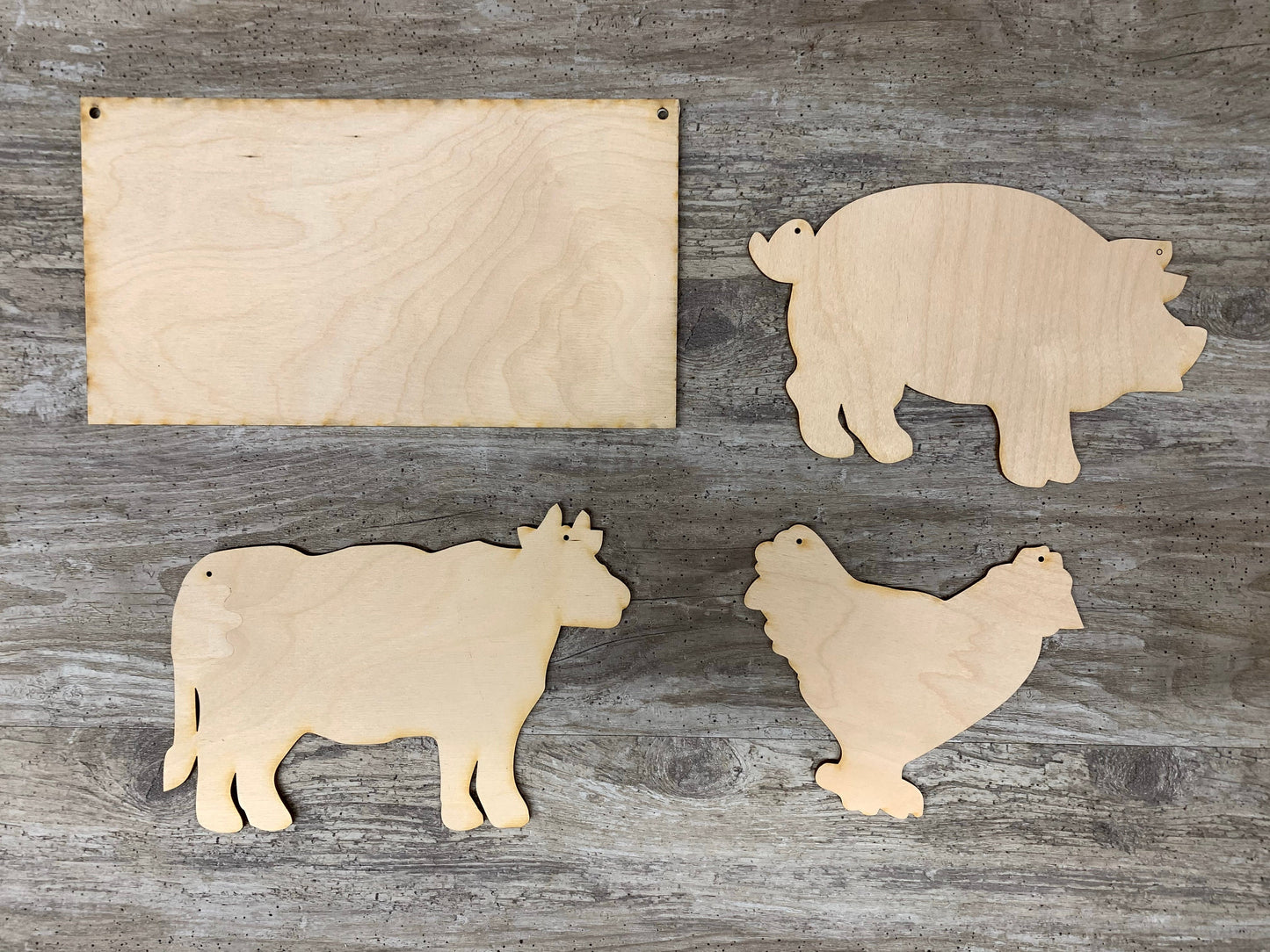 Four Unfinished Wood Pieces - Sign, Cow, Pig and Chicken