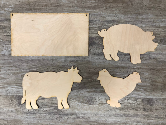Four Unfinished Wood Pieces - Sign, Cow, Pig and Chicken