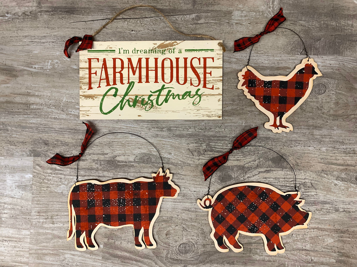 Four Unfinished Wood Pieces - Sign, Cow, Pig and Chicken