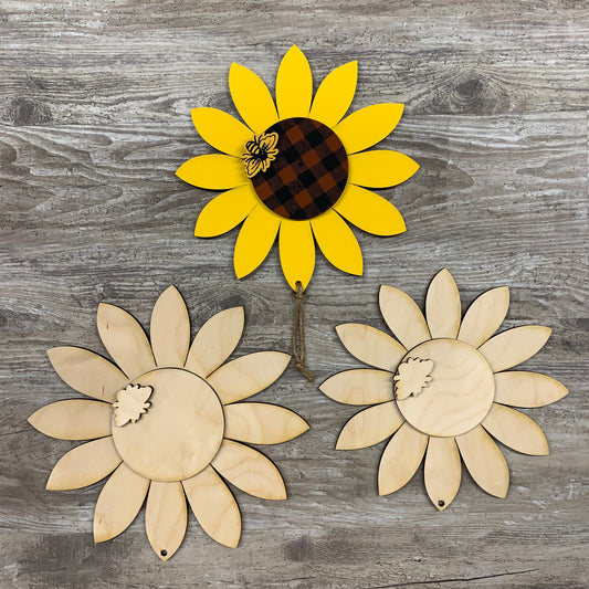 8" Sunflower cutout & Bee, Unfinished Wooden Sunflower
