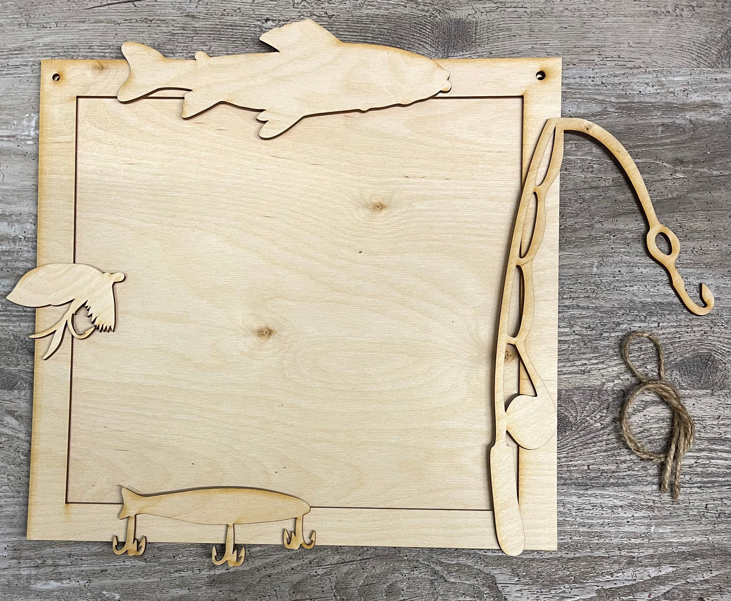 Fishing sign and cutouts, unpainted wooden cutouts