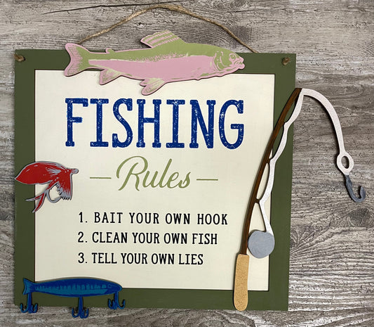 Fishing sign and cutouts, unpainted wooden cutouts