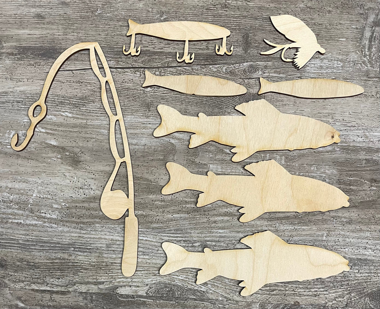 Fishing Rules, Fishing cutouts only, unpainted wooden cutouts, fishing rod, 2 lures and 5 fish cutouts