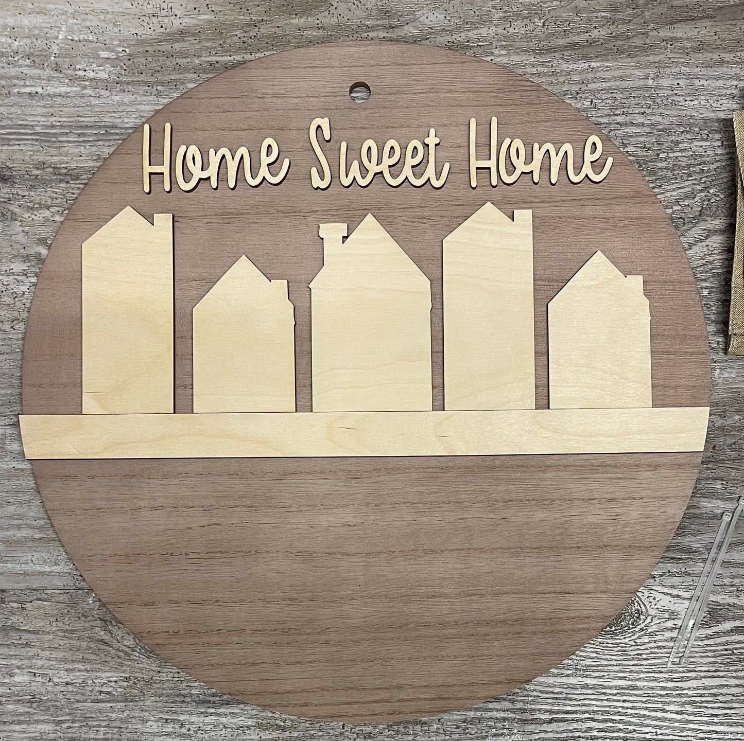 Houses and rectangle divider piece, Staying in is the new Going Out, unfinished wooden door Sign without Round Door sign piece