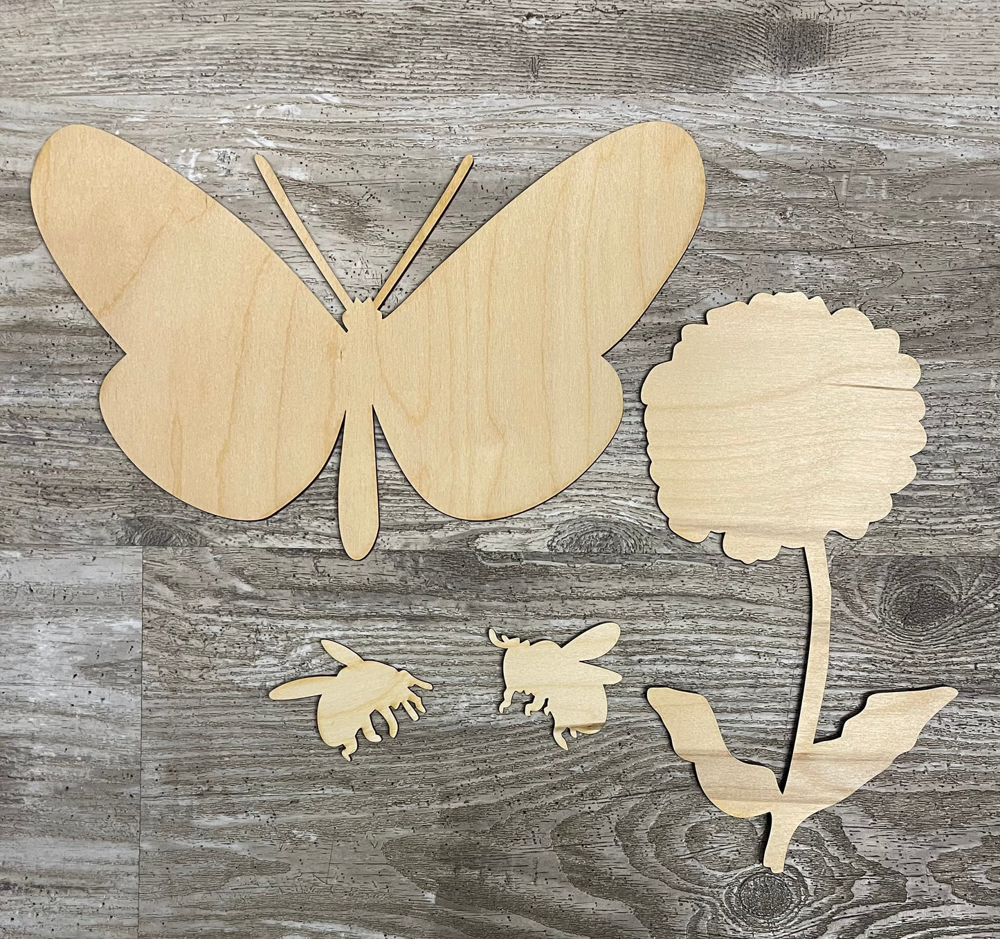 1 Flower, 1 Butterfly and 2 Bee cutouts ready for you to paint - back sign is not included