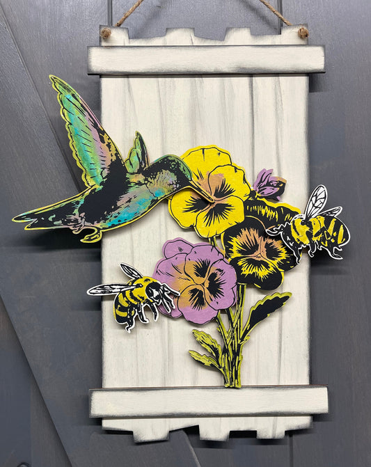 1 Flowers, Hummingbird and 2 Bee cutouts and sign ready for you to paint - back sign is  included