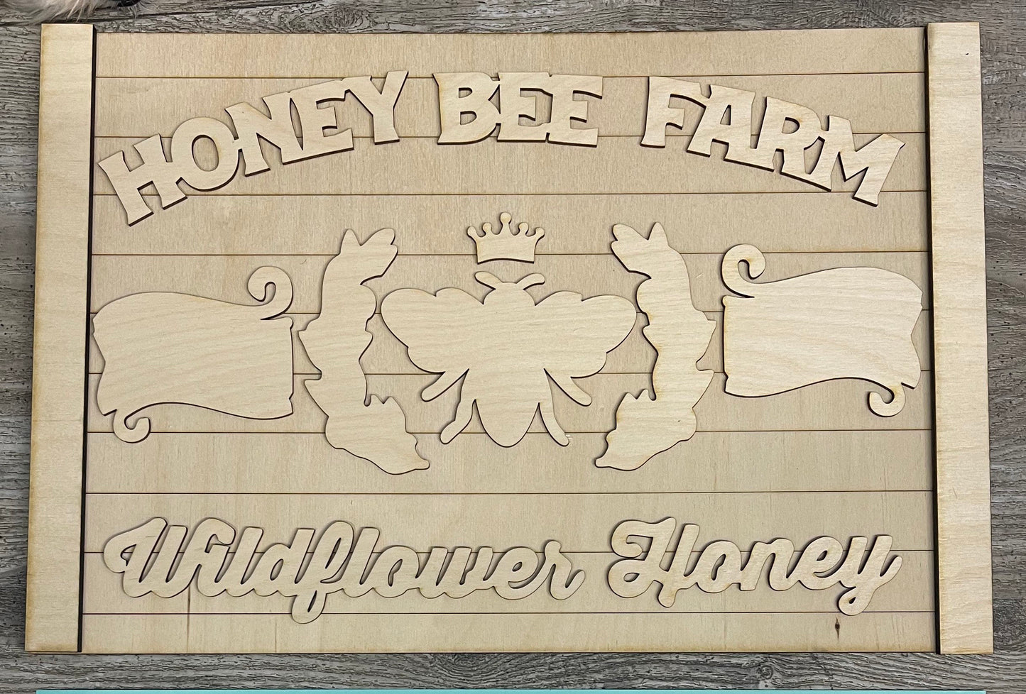 Honey Bee Farm Sign Kit with sign ready to paint, unpainted wood cutouts