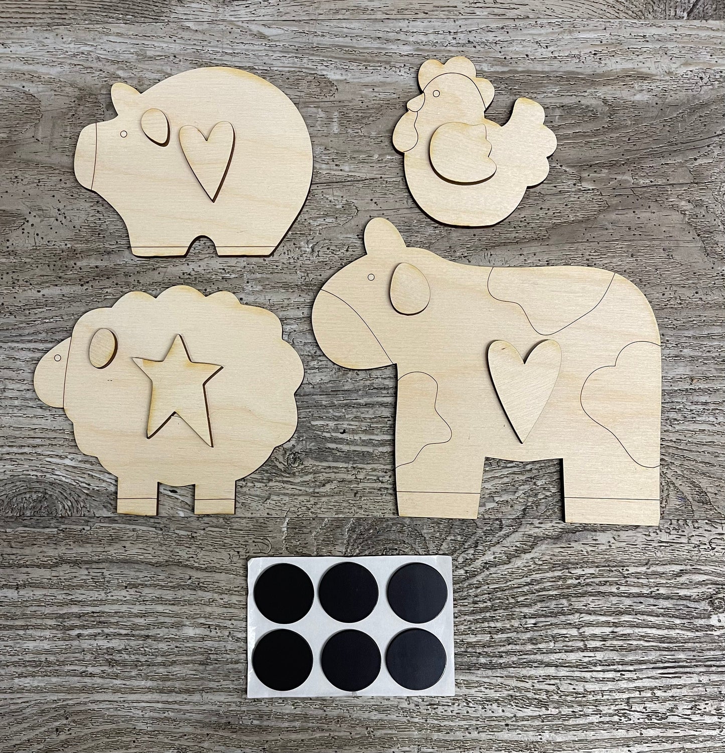 Farm Animal Magnets ready for you to paint - Farmhouse, Cow, Pig, Chicken, Sheep