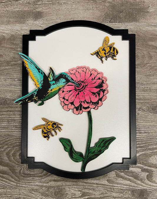 1 Flower, Hummingbird and 2 Bee cutouts ready for you to paint - back sign is NOT included