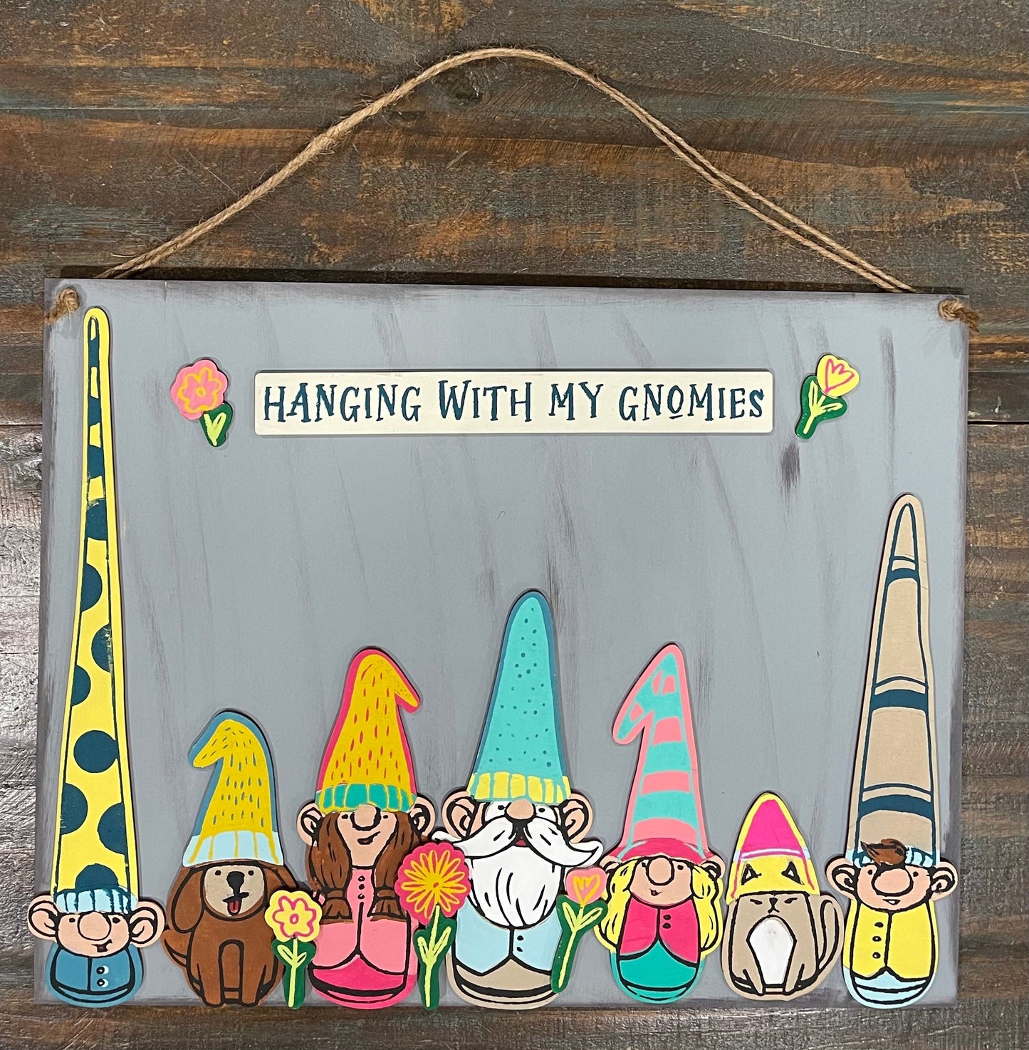 Hanging with my Gnomies Cutouts with scoring, Kit does not include sign backer, ready to paint, unpainted wood cutouts