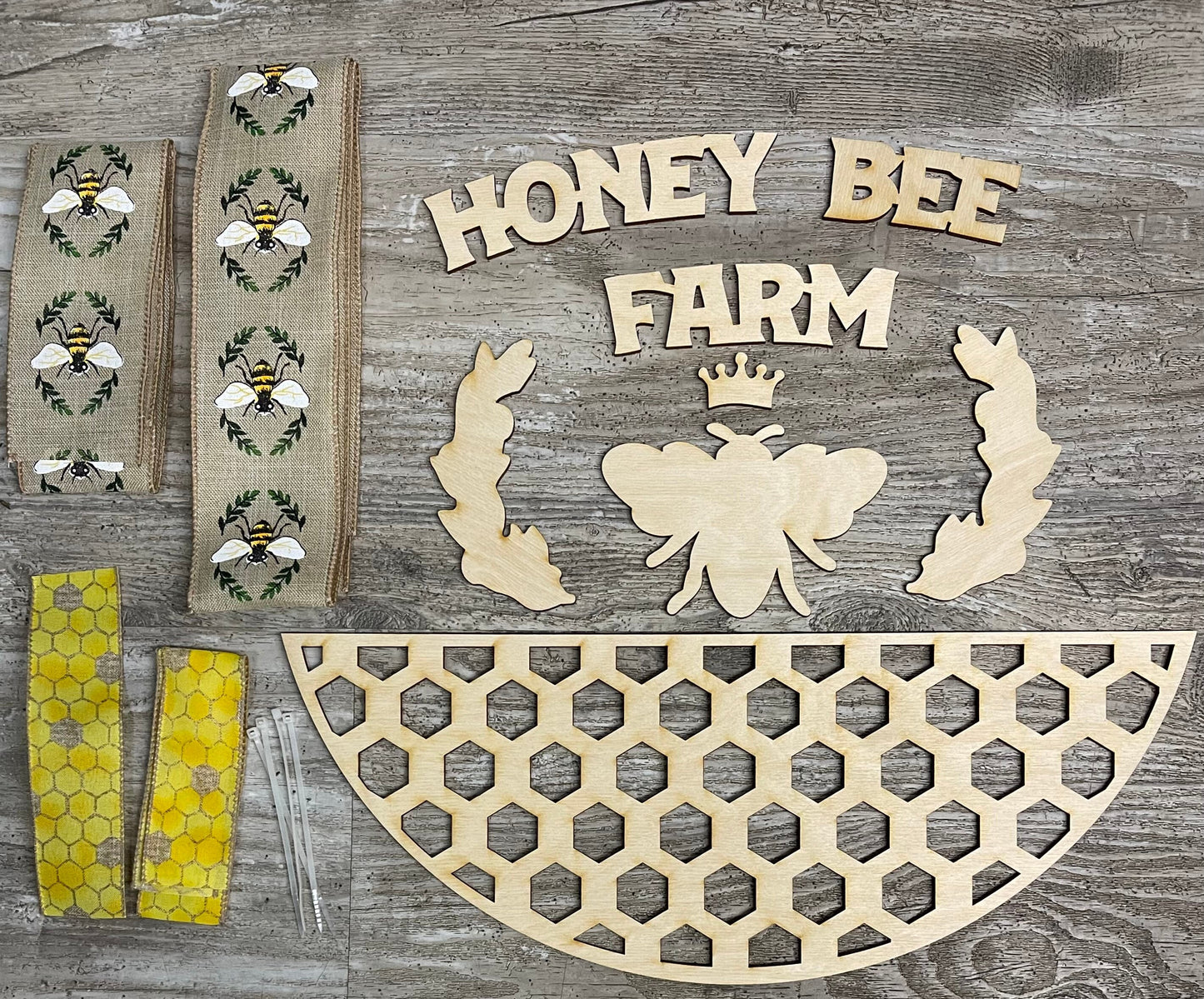 Honey Bee Farm cutouts and ribbon unfinished cutouts without Round Door sign piece