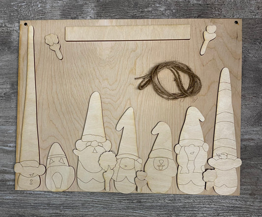 Hanging with my Gnomies Cutouts with scoring, Kit does not include sign backer, ready to paint, unpainted wood cutouts