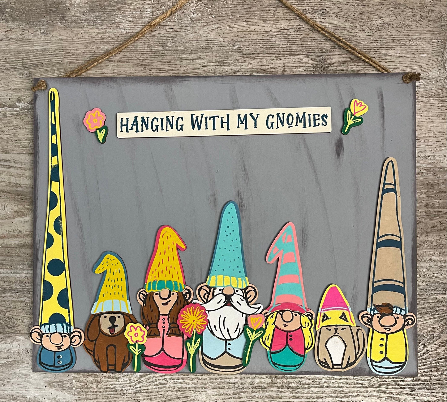 Hanging with my Gnomies Cutouts with scoring, Kit does not include sign backer, ready to paint, unpainted wood cutouts