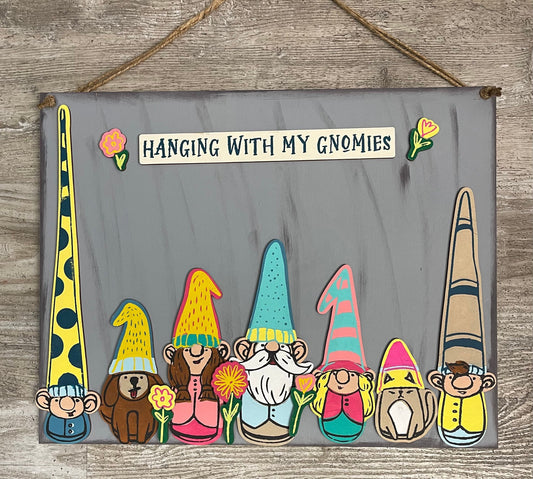 Hanging with my Gnomies Sign Kit with sign backer ready to paint, unpainted wood cutouts