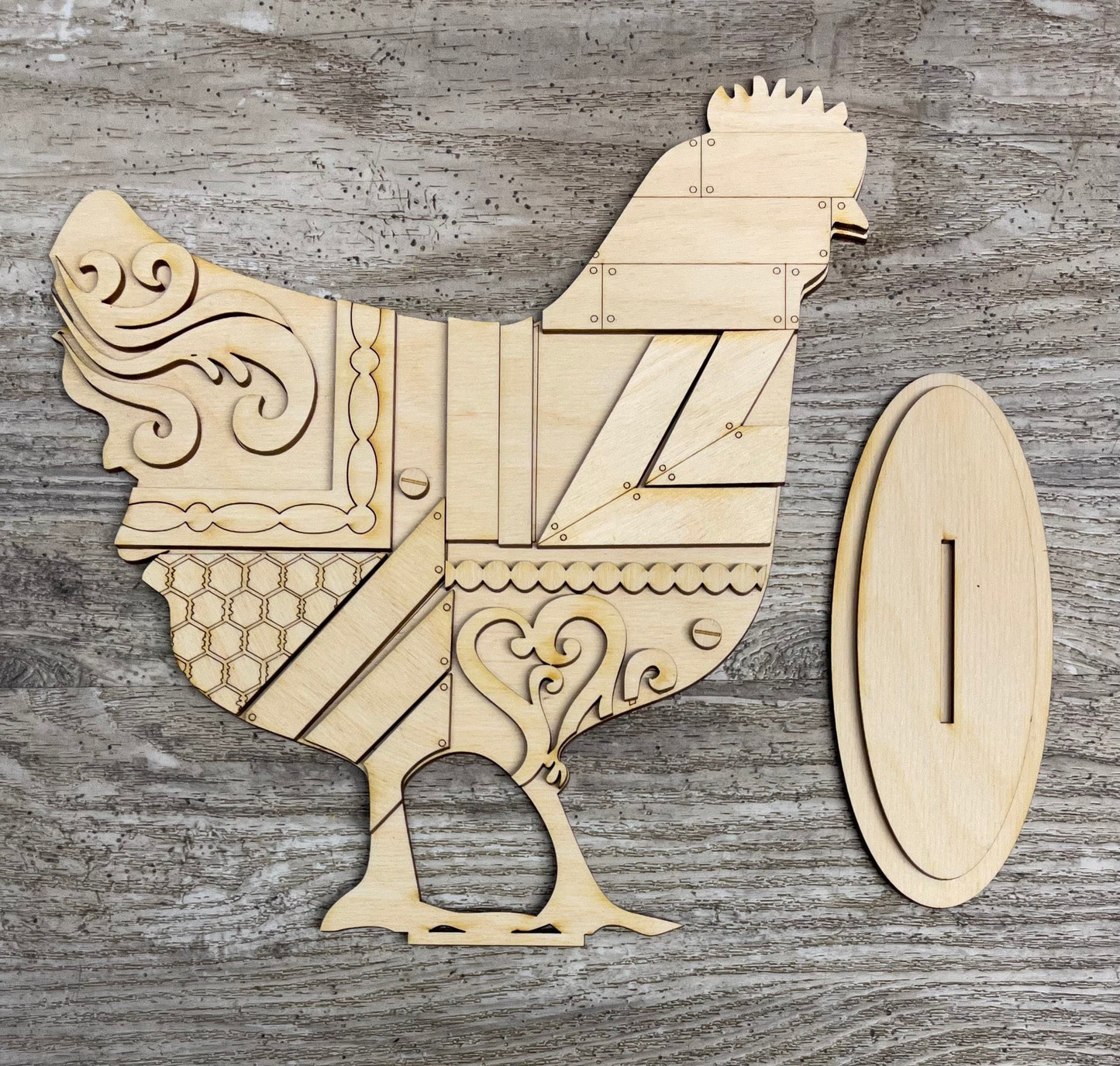 Extra Large Scrolly Chicken, unpainted wooden cutouts - ready for you to paint