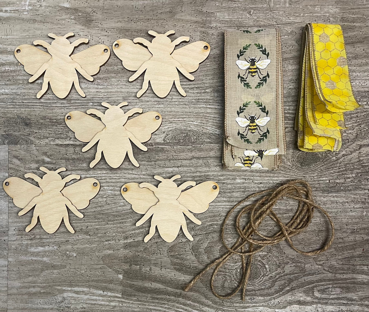 Honey Bee Farm Garland Wood kit, unpainted wooden cutouts - ready for you to paint, with or without ribbon