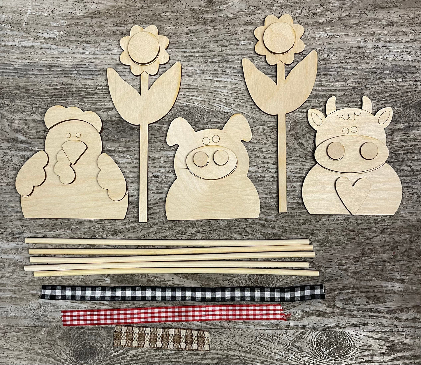 Farm animal and Sunflower plant stick cutouts, set of 5 with dowels and ribbon, unpainted wooden cutout - ready for you to paint