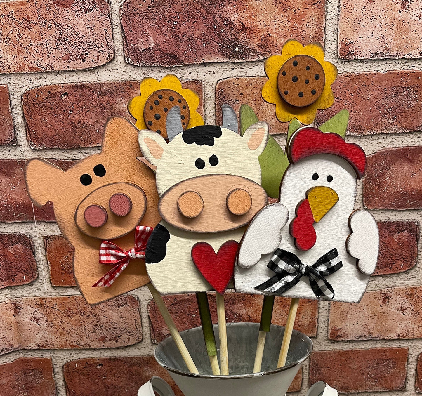 Farm animal and Sunflower plant stick cutouts, set of 5 with dowels and ribbon, unpainted wooden cutout - ready for you to paint