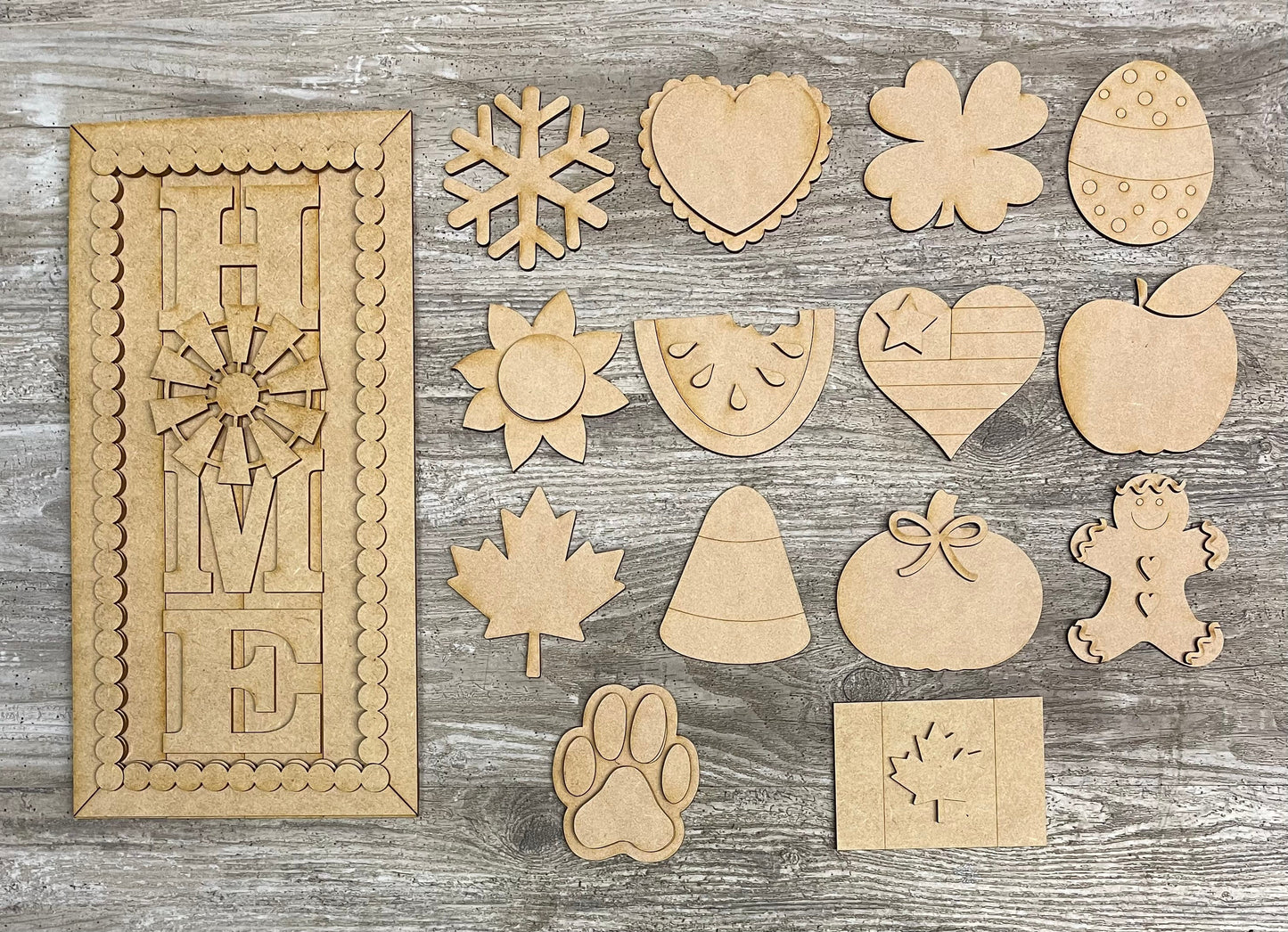 Interchangeable Home Sign with Add on cutouts, unfinished wood cutouts ready for you to paint