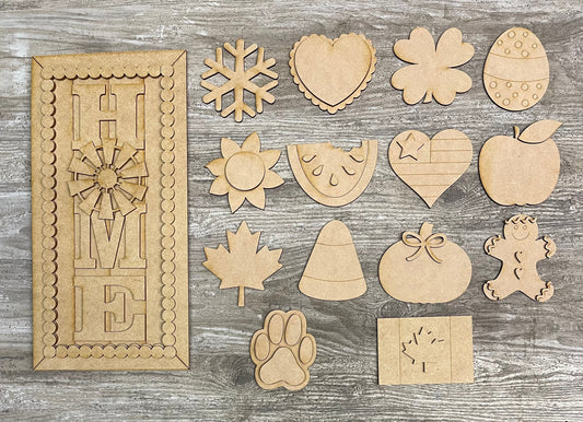 Interchangeable Home Sign with Add on cutouts, unfinished wood cutouts ready for you to paint
