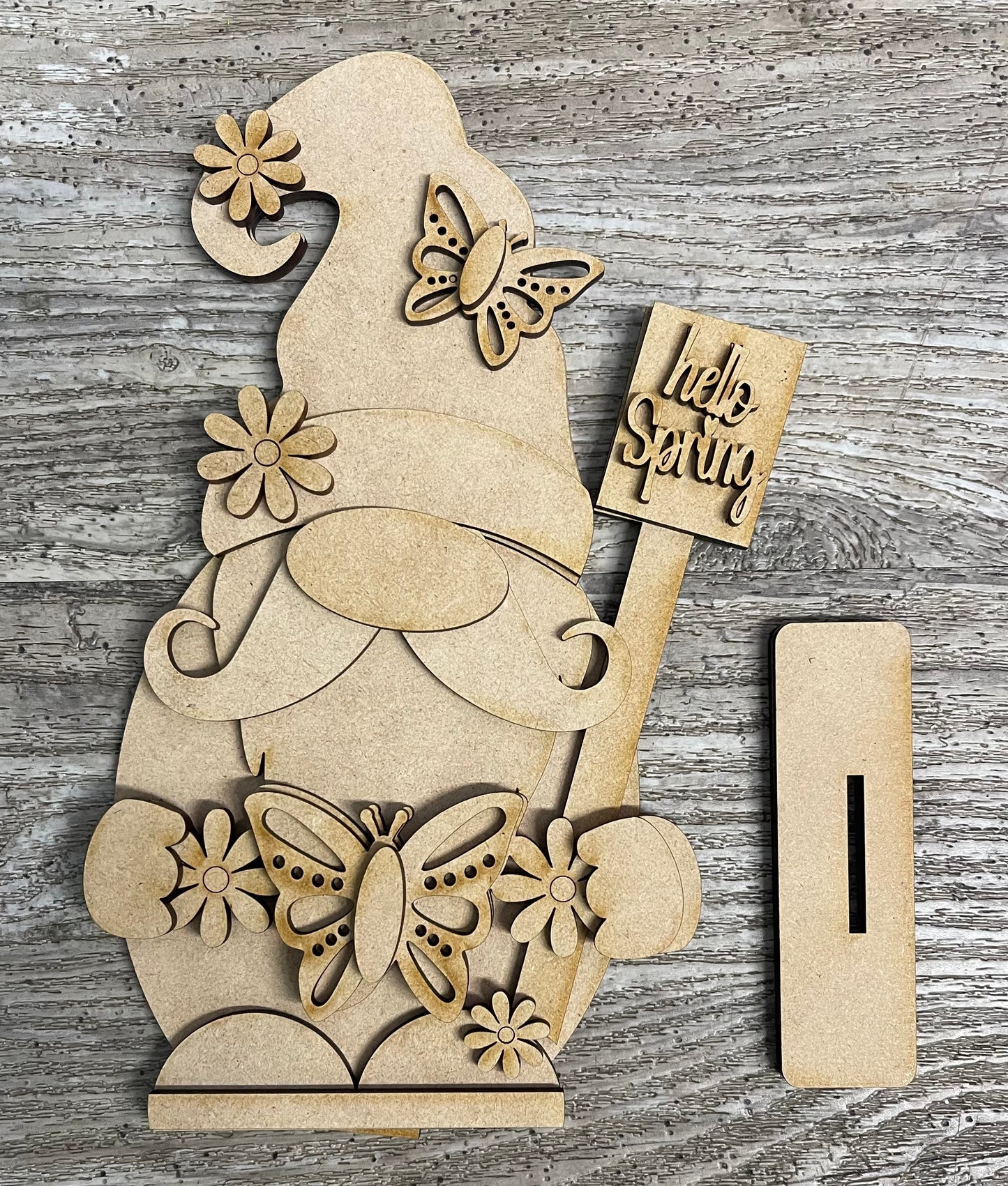 Spring Gnome with Butterfly wood cutouts, unpainted wooden cutout - Qty 1, ready for you to paint