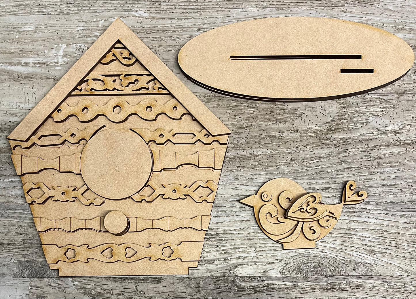 Spindle Birdhouse Sign  kit, unfinished wooden Cutouts ready for you to paint