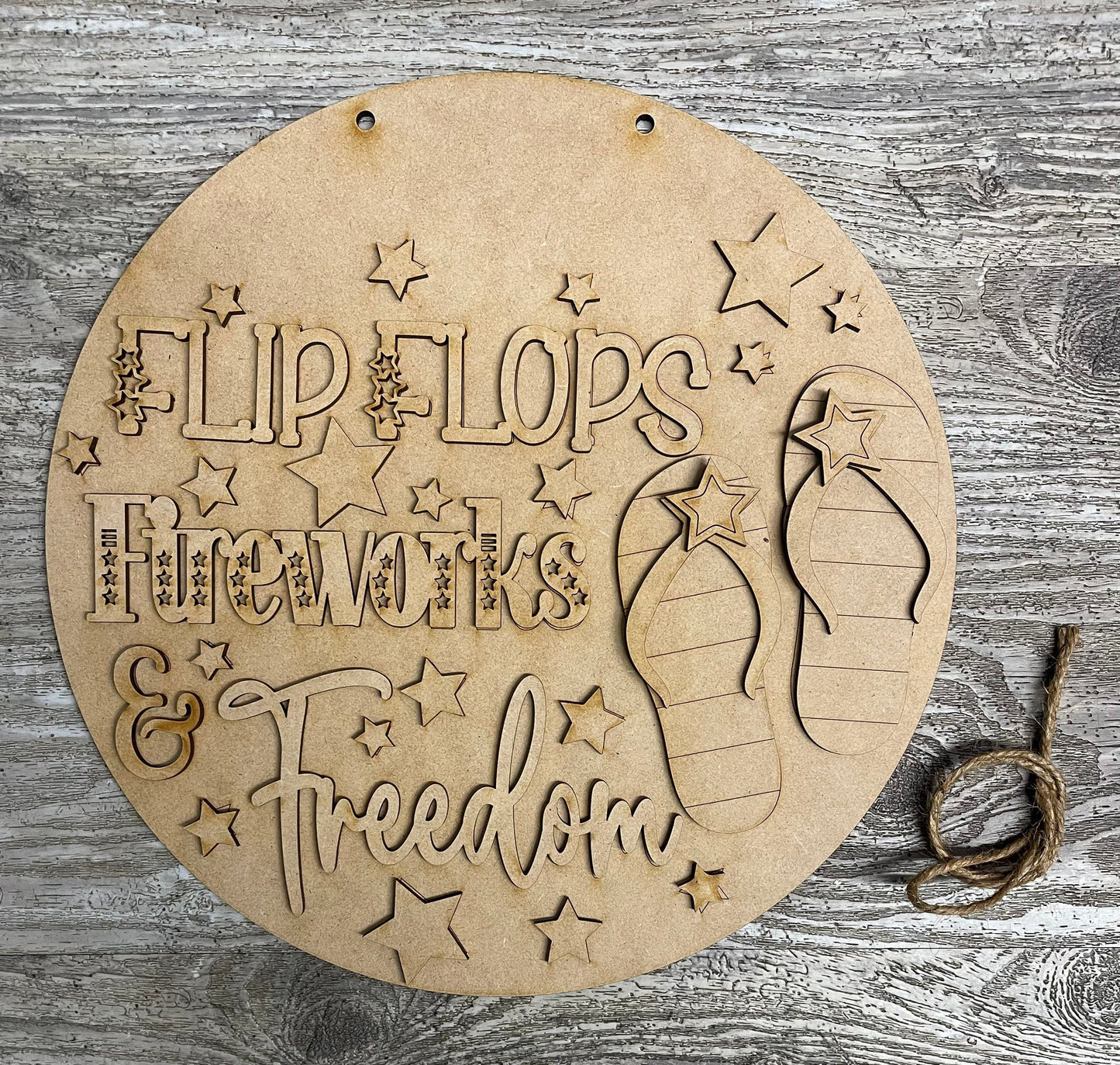 Flip Flops, Fireworks & Freedom sign kit, unpainted wooden cutouts - ready for you to paint, includes the circle