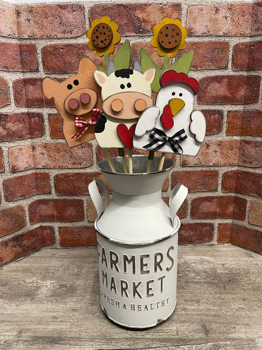 Farm animal and Sunflower plant stick cutouts, set of 5 with dowels and ribbon, unpainted wooden cutout - ready for you to paint