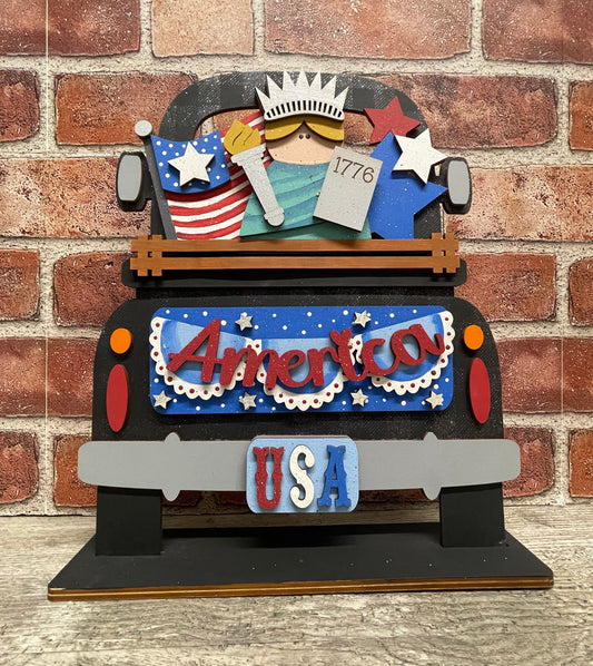 USA Patriotic Truck with the removable piece and license plate unpainted wood cutouts, ready for you to paint