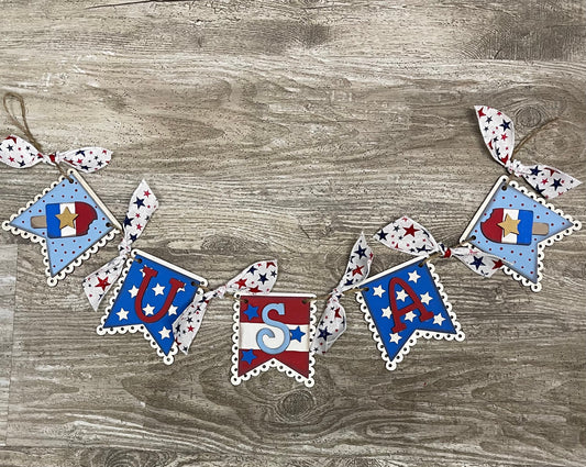 Patriotic Garland cutout with ribbon, unpainted wooden cutout - ready for you to paint