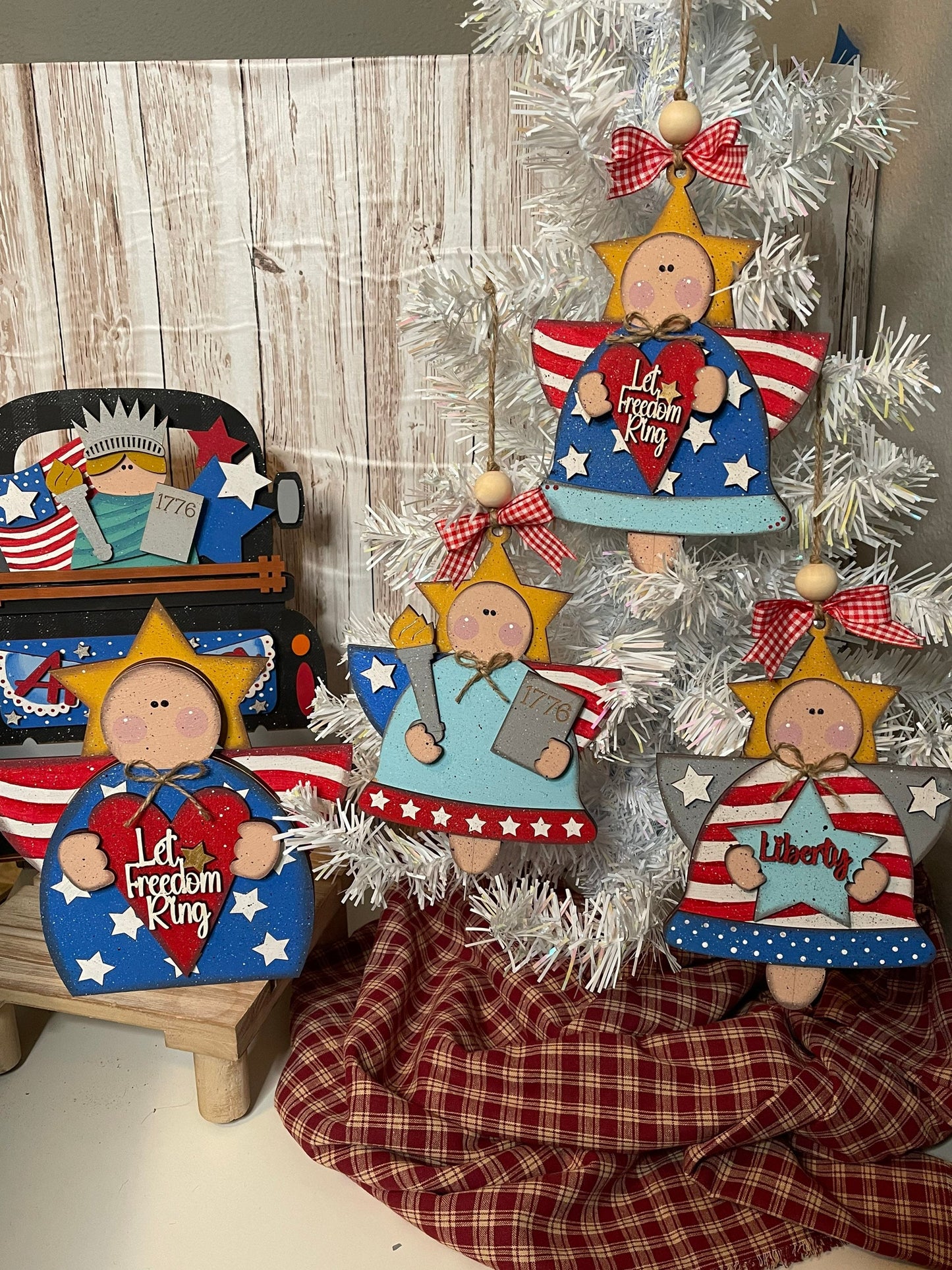 3 Patriotic Angel Ornaments, 8 inches tall, wood cutouts, unpainted ready for you to finish