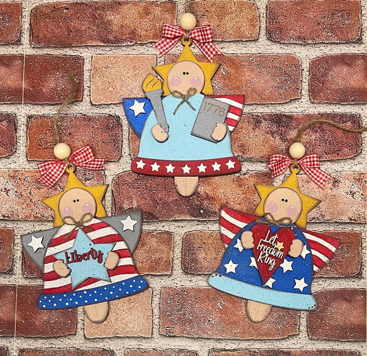 3 Patriotic Angel Ornaments, 8 inches tall, wood cutouts, unpainted ready for you to finish