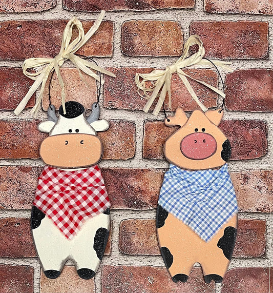 Cow or Pig hangers ready for you to paint - unpainted wood cutouts, fabric, wire and raffia